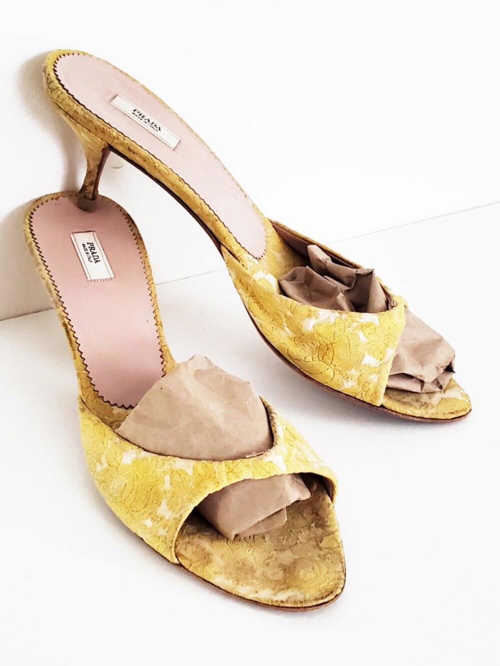 Prada Mustard Brocade Kitten Mule Heel Vintage Size 39